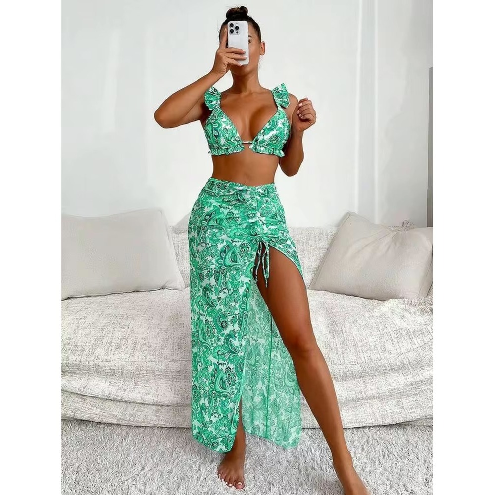SHEIN Paisley 3 Piece Bikini Set with Ruffle Top and Matching Sarong Maxi Skirt